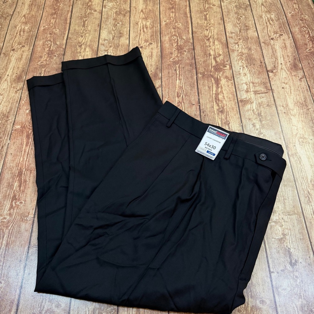 Roundtree & Yorke TravelSmart Dress Pants Mens 54x30 Black Pleated Classic Fit